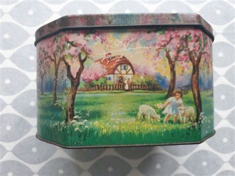 antique metal boxes one with scenery with sheep on it|Metal Sheep Box .